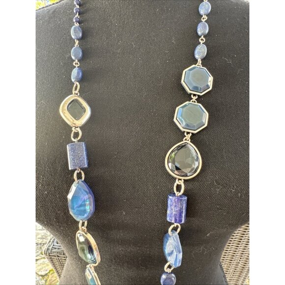 Chicos Blue Stone Silver Tone 19" Long Beaded Chain Statement Necklace NEW - Picture 4 of 16